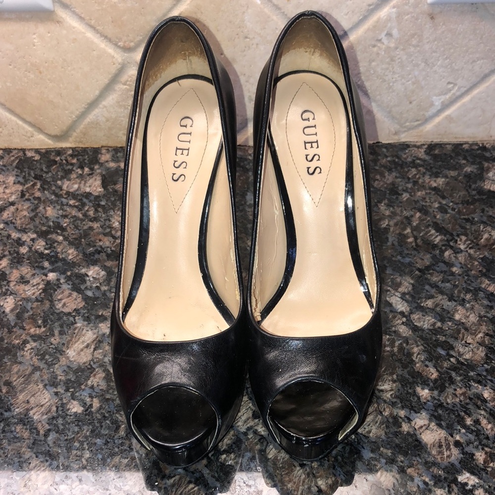 Guess Black leather peep-toe heels. Size 7.5